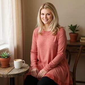 LOGO LOUNGE Chiffon Trim Jersey Tunic Top Pink Lori Goldstein Womens Large